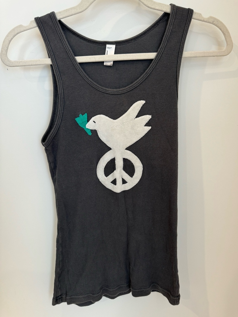 Women's Charcoal Grey Tank Top with White Dove Peace Patch: Size L